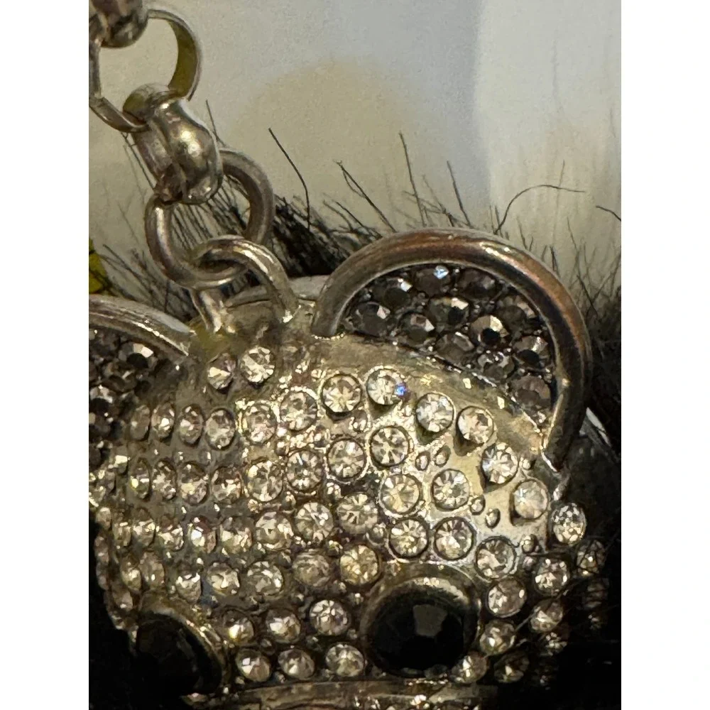 Black Faux Fur Pom Pom Bear Keychain Rhinestone Bag Charm Silver Tone Star Back